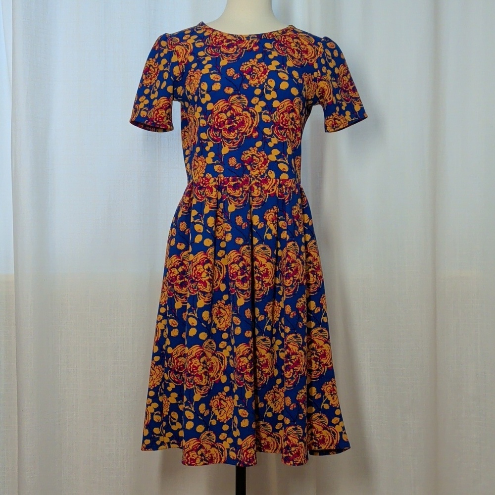 Vibrant Blue & Orange Floral Midi Dress - Pockets!!